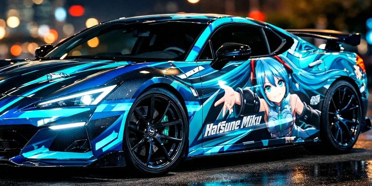 projeto-carro-itasha-full-wrap-premium Carro esportivo com envelopamento Itasha completo em tons vibrantes, exibindo detalhes de design e acabamento profissional em vinil.