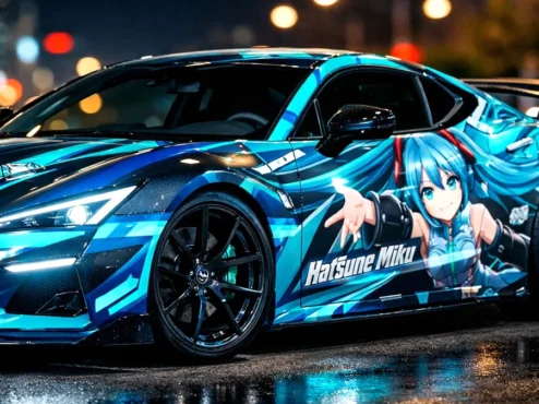 Carro esportivo com envelopamento Itasha completo em tons vibrantes, exibindo detalhes de design e acabamento profissional em vinil.