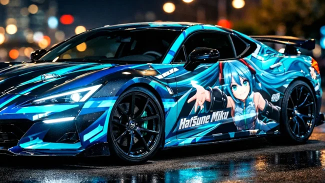 projeto-carro-itasha-full-wrap-premium Carro esportivo com envelopamento Itasha completo em tons vibrantes, exibindo detalhes de design e acabamento profissional em vinil.