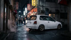Toyota Starlet Glanza V branco rebaixado com rodas de liga leve em um cenário urbano japonês à noite.