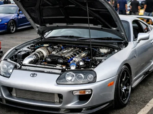 Toyota Supra MK4 prata modificado com capô aberto exibindo o motor 2JZ-GTE em um encontro de carros esportivos.