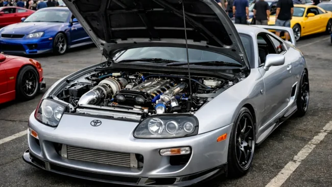 Toyota Supra MK4 prata modificado com capô aberto exibindo o motor 2JZ-GTE em um encontro de carros esportivos.
