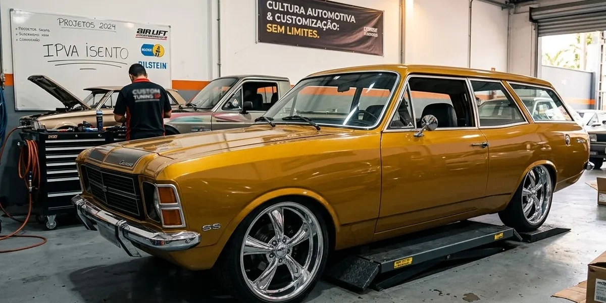 carro-antigo-modificado-isento-ipva-oficina Carro clássico modificado em uma oficina com foco em rodas e suspensão, representando a cultura de customização e isenção de impostos.