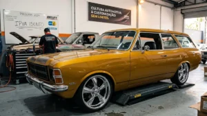 Carro clássico modificado em uma oficina com foco em rodas e suspensão, representando a cultura de customização e isenção de impostos.