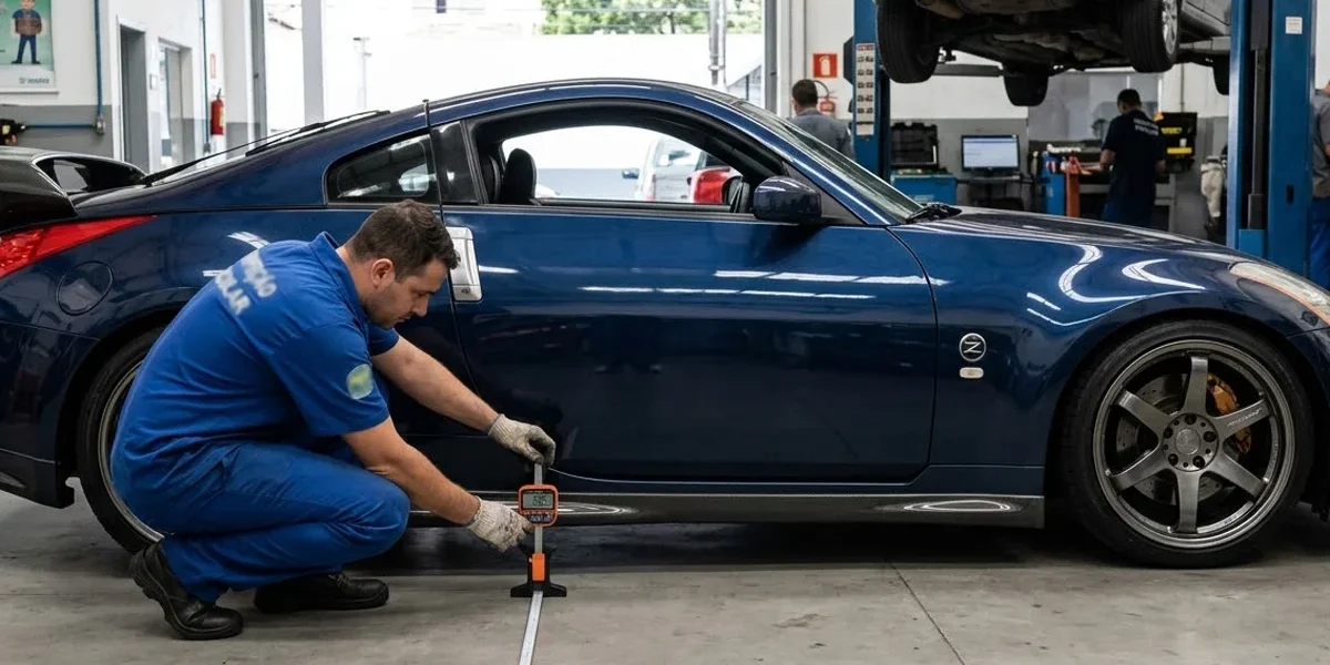 carro-rebaixado-legalizado-fiscalização-transito Foto de um carro esportivo rebaixado em conformidade com a lei sendo submetido a medição de altura de 100mm.
