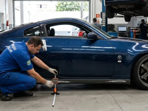 carro-rebaixado-legalizado-fiscalização-transito Foto de um carro esportivo rebaixado em conformidade com a lei sendo submetido a medição de altura de 100mm.