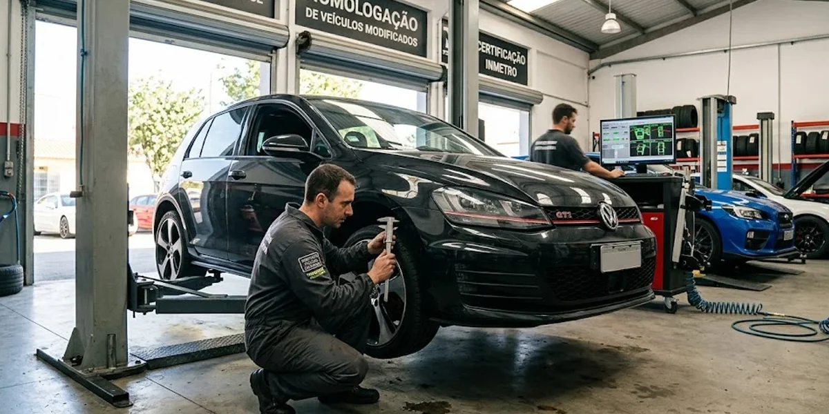 carro-rebaixado-mola-esportiva-vistoria-detran Carro com suspensão rebaixada por molas esportivas passando por inspeção técnica em oficina especializada para legalização.