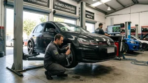 Carro com suspensão rebaixada por molas esportivas passando por inspeção técnica em oficina especializada para legalização.