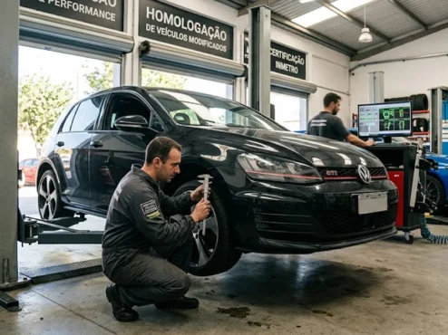 carro-rebaixado-mola-esportiva-vistoria-detran Carro com suspensão rebaixada por molas esportivas passando por inspeção técnica em oficina especializada para legalização.