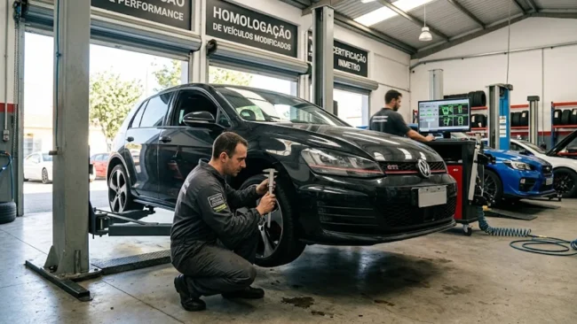 carro-rebaixado-mola-esportiva-vistoria-detran Carro com suspensão rebaixada por molas esportivas passando por inspeção técnica em oficina especializada para legalização.