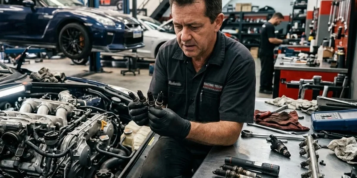 Mecânico inspecionando bicos injetores carbonizados e velas de ignição devido ao uso de combustível adulterado em motor de performance.