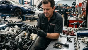 Mecânico inspecionando bicos injetores carbonizados e velas de ignição devido ao uso de combustível adulterado em motor de performance.