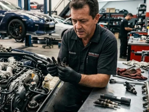 danos-motor-combustivel-adulterado-injecao Mecânico inspecionando bicos injetores carbonizados e velas de ignição devido ao uso de combustível adulterado em motor de performance.