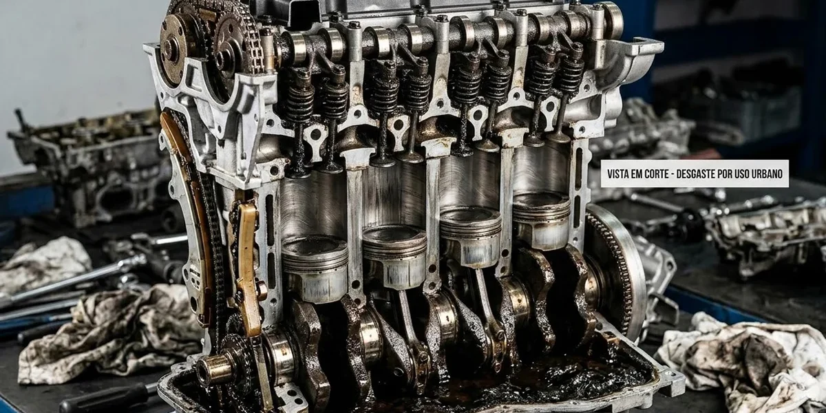 Vista em corte de um motor com borra de óleo e componentes internos desgastados devido ao uso severo em trânsito urbano.