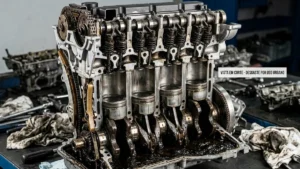 Vista em corte de um motor com borra de óleo e componentes internos desgastados devido ao uso severo em trânsito urbano.