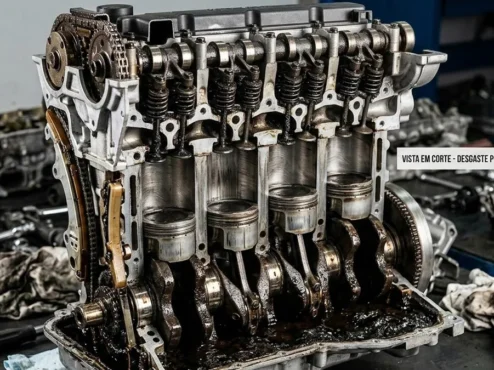 desgaste-motor-transito-urbano-uso-severo Vista em corte de um motor com borra de óleo e componentes internos desgastados devido ao uso severo em trânsito urbano.