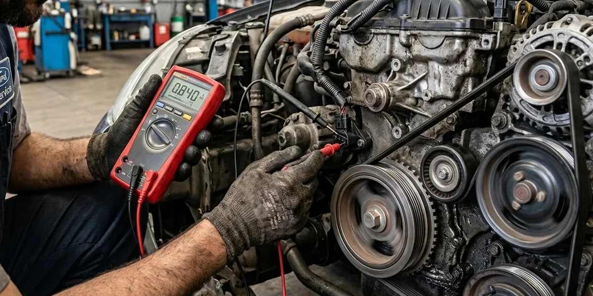 Mecânico testando sensor de rotação próximo à polia do virabrequim de um motor automotivo com multímetro.