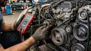 Mecânico testando sensor de rotação próximo à polia do virabrequim de um motor automotivo com multímetro.