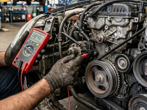 diagnostico-sensor-rotacao-motor-carro Mecânico testando sensor de rotação próximo à polia do virabrequim de um motor automotivo com multímetro.