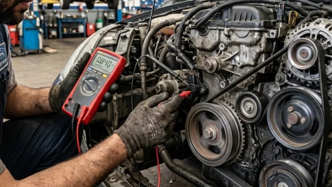 diagnostico-sensor-rotacao-motor-carro Mecânico testando sensor de rotação próximo à polia do virabrequim de um motor automotivo com multímetro.