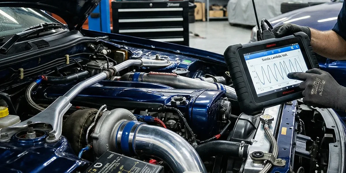 diagnostico-sonda-lambda-sensor-oxigenio-motor Técnico utilizando scanner automotivo para analisar o sinal de voltagem da sonda lambda em um motor de alta performance.