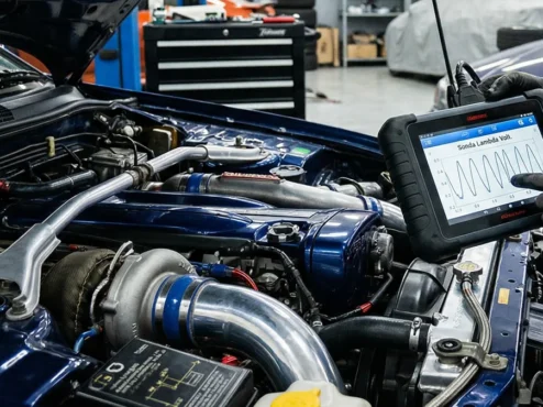 diagnostico-sonda-lambda-sensor-oxigenio-motor Técnico utilizando scanner automotivo para analisar o sinal de voltagem da sonda lambda em um motor de alta performance.