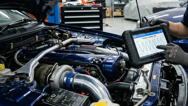 diagnostico-sonda-lambda-sensor-oxigenio-motor Técnico utilizando scanner automotivo para analisar o sinal de voltagem da sonda lambda em um motor de alta performance.