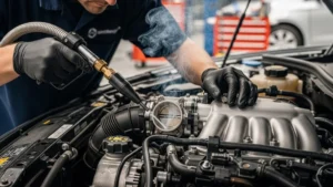 Mecânico especializado realizando diagnóstico de entrada de ar falsa e limpeza de sensores em um motor com marcha lenta irregular.