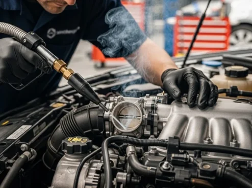 diagnostico-tecnico-motor-marcha-lenta-instavel Mecânico especializado realizando diagnóstico de entrada de ar falsa e limpeza de sensores em um motor com marcha lenta irregular.