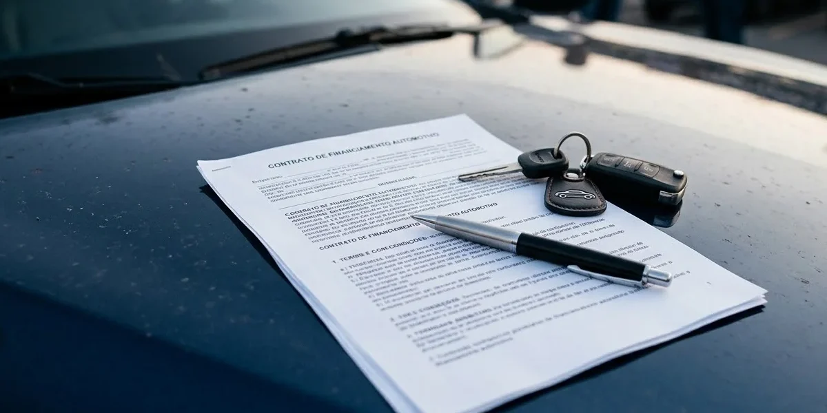 Close-up de um contrato de financiamento automotivo sobre um capô de carro, com uma caneta e chaves, estilo fotográfico profissional.