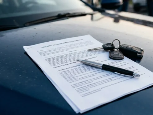 guia-estrategico-financiamento-automotivo-inteligente Close-up de um contrato de financiamento automotivo sobre um capô de carro, com uma caneta e chaves, estilo fotográfico profissional.
