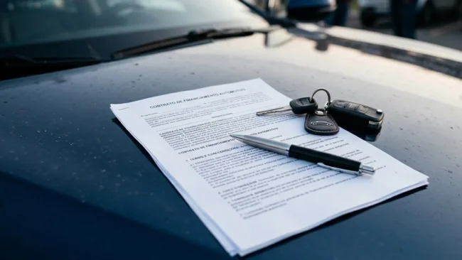 guia-estrategico-financiamento-automotivo-inteligente Close-up de um contrato de financiamento automotivo sobre um capô de carro, com uma caneta e chaves, estilo fotográfico profissional.