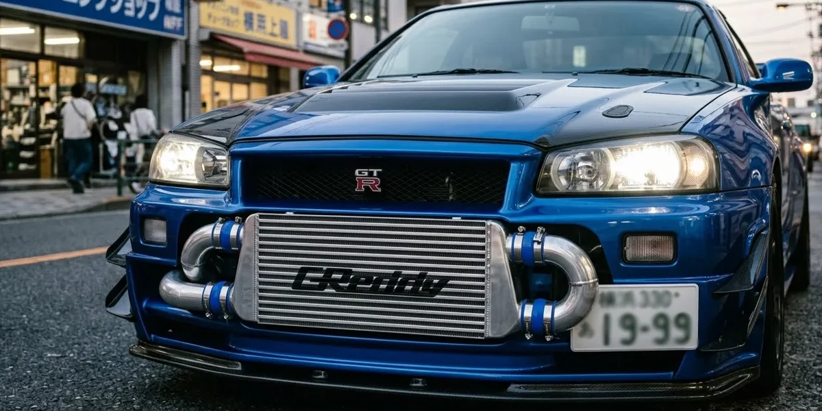 Intercooler frontal de alumínio instalado em um carro esportivo, destacando as colmeias do núcleo e a tubulação de pressurização.