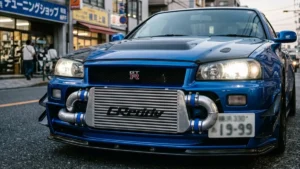 Intercooler frontal de alumínio instalado em um carro esportivo, destacando as colmeias do núcleo e a tubulação de pressurização.