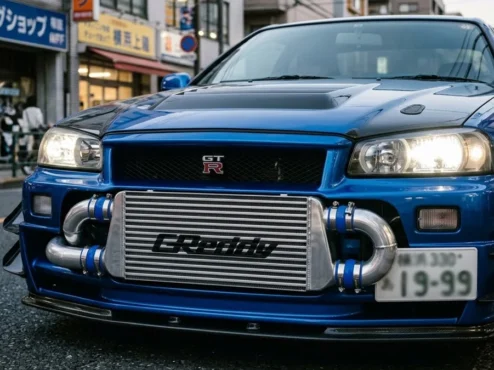 guia-intercooler-frontal-fmic-performance-turbo Intercooler frontal de alumínio instalado em um carro esportivo, destacando as colmeias do núcleo e a tubulação de pressurização.