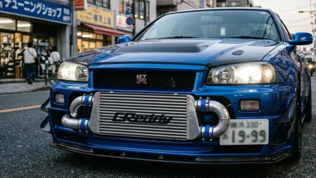 Intercooler frontal de alumínio instalado em um carro esportivo, destacando as colmeias do núcleo e a tubulação de pressurização.