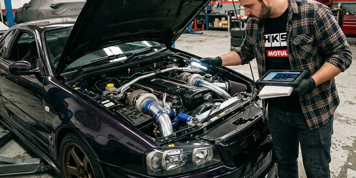 Um entusiasta analisando o cofre do motor de um carro preparado em uma oficina de alta performance.