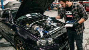 Um entusiasta analisando o cofre do motor de um carro preparado em uma oficina de alta performance.