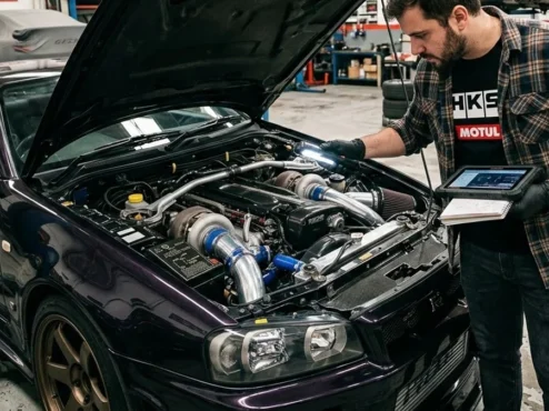 guia-modificacao-automotiva-erros-comuns-projeto Um entusiasta analisando o cofre do motor de um carro preparado em uma oficina de alta performance.