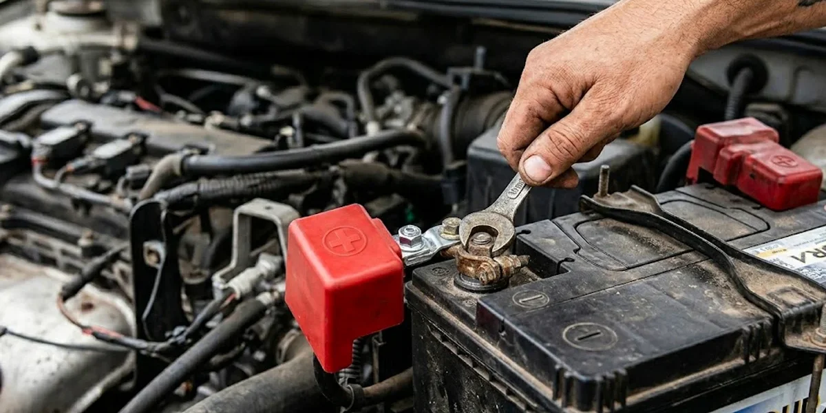 guia-passo-a-passo-reset-manual-ecu-carro Fotografia em close de uma mão usando uma chave de boca para desconectar o terminal negativo de uma bateria automotiva preta.