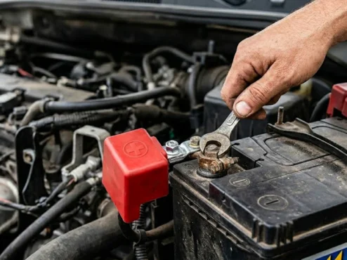 guia-passo-a-passo-reset-manual-ecu-carro Fotografia em close de uma mão usando uma chave de boca para desconectar o terminal negativo de uma bateria automotiva preta.