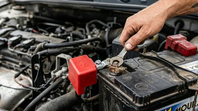 Fotografia em close de uma mão usando uma chave de boca para desconectar o terminal negativo de uma bateria automotiva preta.
