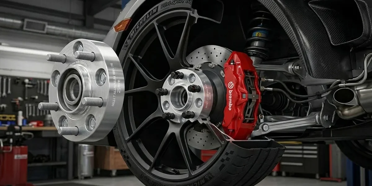guia-tecnico-espacadores-roda-fitment-seguranca Vista em corte de um espaçador de roda de alumínio billet instalado entre o cubo e a roda de um carro esportivo.