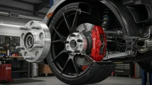 Vista em corte de um espaçador de roda de alumínio billet instalado entre o cubo e a roda de um carro esportivo.