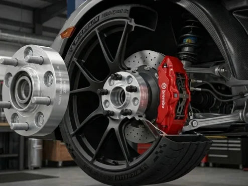 guia-tecnico-espacadores-roda-fitment-seguranca Vista em corte de um espaçador de roda de alumínio billet instalado entre o cubo e a roda de um carro esportivo.