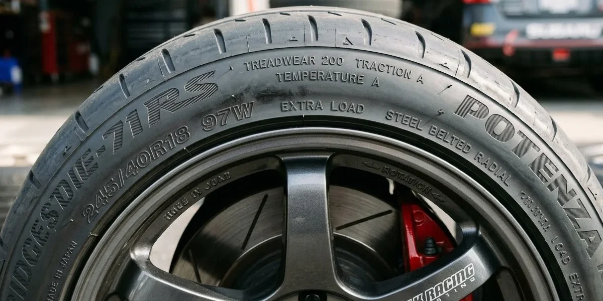 guia-utqg-treadwear-traction-temperature-pneu Lateral de um pneu de alta performance mostrando os índices de Treadwear, Traction e Temperature gravados na borracha.