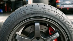 Lateral de um pneu de alta performance mostrando os índices de Treadwear, Traction e Temperature gravados na borracha.