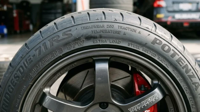 Lateral de um pneu de alta performance mostrando os índices de Treadwear, Traction e Temperature gravados na borracha.