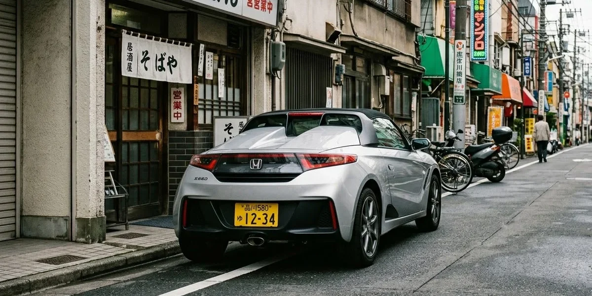 Um esportivo Honda S660 prata estacionado em uma rua de Tóquio, exibindo a característica placa amarela dos Kei Cars.