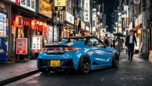 Um Honda S660 azul rebaixado em estilo JDM, estacionado em uma rua estreita de Tóquio, destacando seu design compacto e esportivo.
